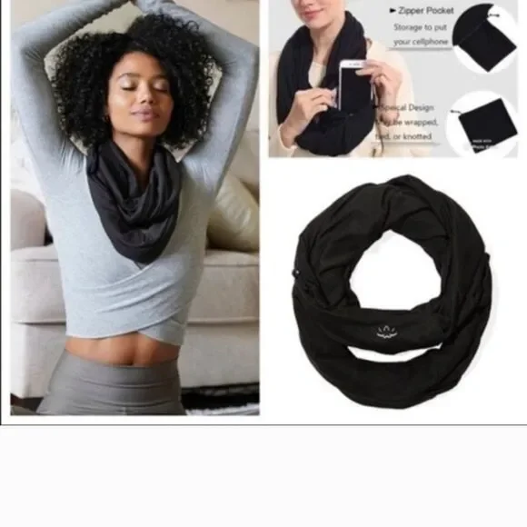 New Beyond Yoga Black Scarf Infinity Scarf With Pocket - Picture 3 of 10